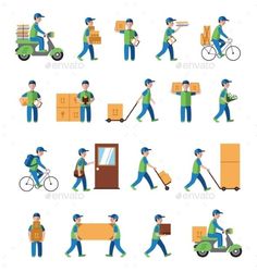 people moving boxes and other things in different positions