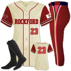 a women's baseball uniform with the number 23 on it and two matching socks