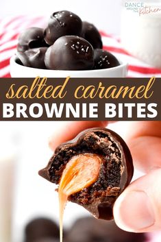 chocolate caramel brownie bites are being held up with a bite taken out of one