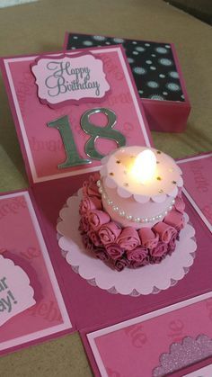 a pink birthday card with a lit candle on it and some other cards in the background