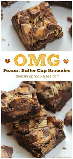 peanut butter cup brownies stacked on top of each other with the title overlay