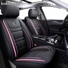 the interior of a car with pink stitching