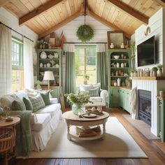 a living room filled with furniture and a fire place