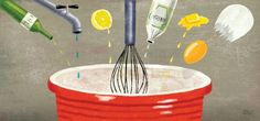 a painting of a red bucket with whisk and lemons coming out of it