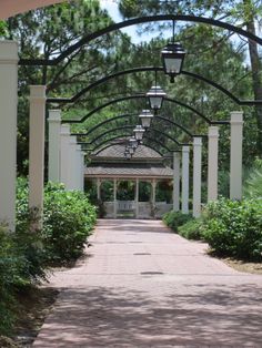 a walkway leading to a gazebo in the middle of a park with trees and bushes