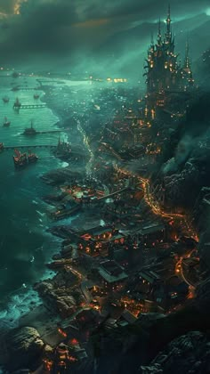 an aerial view of a city by the ocean at night with ships in the water