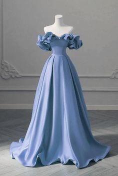 A-line Blue Satin Off Shoulder Long Evening Dress Short Sleeve Prom Dresses, Prom Dress Blue, Prom Dress Inspo, Floor Length Prom Dresses, Blue Party Dress, Prom Dress Ideas, Custom Size Dresses, Prom Dress Inspiration, Cute Prom Dresses