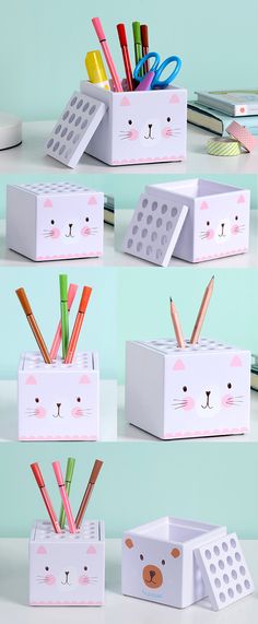 four different pictures of pencils and pens in boxes with cats on the top one is made out of lego blocks