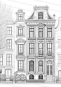 a black and white drawing of a building with many windows on the front, and a fence