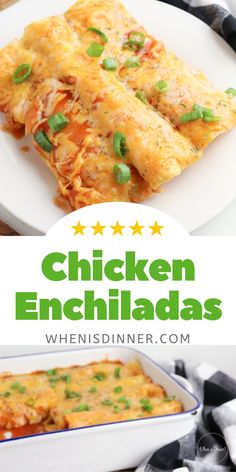 chicken enchiladas on a plate with text overlay