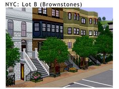 an image of a city street with brownstonees and trees on the side walk