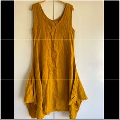 100% Linen Dress New Raw Edge Tank Dress Size : S, M Color: Marigold Gold Knee-length Summer Dress, Gold Knee-length Midi Dress For Summer, Casual Gold Midi Dress, Casual Gold Beach Dress, Casual Gold Midi Dress For Summer, Casual Sleeveless Gold Dress, Linen Dress, Raw Edge, Tank Dress