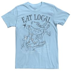 a blue t - shirt that says eat local with an image of a crocodile on it