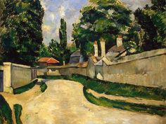 a painting of a road with houses and trees in the background