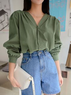 Olive Green Casual  Long Sleeve Cotton Plain Shirt Embellished Non-Stretch Spring/Fall Women Tops, Blouses & Tee Trendy Green Blouse With Buttons, Trendy Green Long Sleeve Blouse, Olive Green Blouse Outfit, Green Button-up Top For Office, Casual Olive Long Sleeve Blouse, Olive Green Shirt Outfit, Green Blouse Outfit, Ladies Shirt Design, Casual Olive Button-up Tops