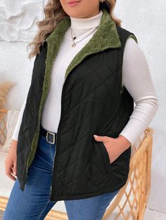 Plus Size Women's Solid Color Zipper Front Pockets Casual Loose Padded Vest, Winter Army Green Casual  Sleeveless Woven Fabric Colorblock,Plain vest Non-Stretch  Women Plus Clothing, size features are:Bust: ,Length: ,Sleeve Length: Vest Women Outfit, Plain Vest, Chaleco Casual, Plus Size Winter, Slim Fit Top, Elegant Dresses Long, Boho Women, Womens Vest, Wide Leg Jeans