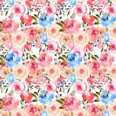 watercolor roses on white background with blue, pink and red flowers in the middle