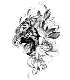 a black and white drawing of a tiger with flowers on it's head, in front of a white background