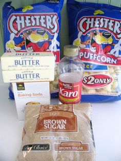 ingredients to make brown sugar cookies laid out on a white counter top with blue bags behind them