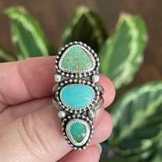 "Oh my gosh, she's stunning!!  Three Kingman Turquoise cabs in earthy blue and green colors have sterling bead wire frames with bead accents.  She sits on a sterling split shank band and has been oxidized to bring out the details and give her a rustic vintage feel. Measurements:  1.6\" x .6\" Band is 5.1mm wide. Ring Size:  8 Turquoise is connected to the healing energy of water, the life-giving element that sustains the planet and the origins of life itself. This energy of renewal and rejuvenat Turquoise Healing Properties, Earthy Blue, Bead Wire, Turquoise Crystal, Wide Ring, Unique Gifts For Women, Kingman Turquoise, Healing Energy