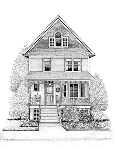 a drawing of a two story house with porches and steps leading up to the front door