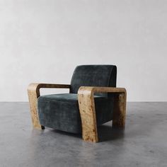 a chair that is made out of wood and has a gray seat with two legs