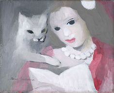 a painting of a woman holding a cat