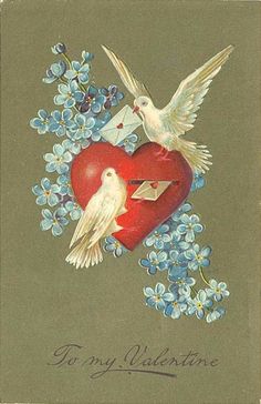 two white birds on top of a red heart with blue flowers and an envelope in the middle