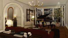 a living room filled with furniture and a grand piano