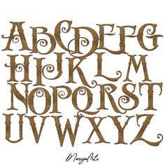 the alphabet is made out of wood and has swirly letters