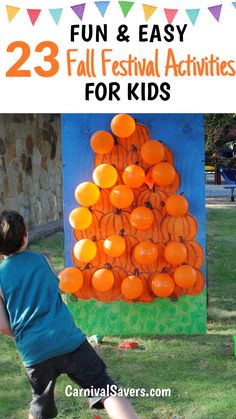 image shows a boy tossing a bean bag at a fall festival activity outside Carnival Fall Games, Fall Fair Ideas Carnival Games, Pumpkin Balloon Pop Game, Pumpkin Toss Game Ideas, School Harvest Festival Games, Pop The Pumpkin Game, Pumpkin Patch Activities Fall Festivals, Pop A Pumpkin Game, Games For A Fall Festival