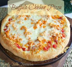 the buffalo chicken pizza is ready to be eaten and served on a platter with text overlay