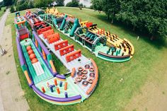 an aerial view of a large inflatable water park