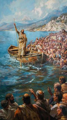 a painting of jesus in a boat surrounded by people