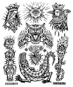 an image of tattoos drawn by hand in black ink on white paper with the sun and demon