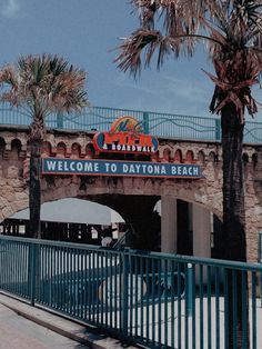 there is a sign that says welcome to daytona beach and palm trees in the background