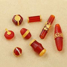 18K Gold Inlaid Agate Beads - Red Agate Charms - Red Pave Beads - Tassel Crimp Bead - Red Agate Pendant - Jewelry Making Supplies ❤ Product Name: 18K Gold Spacer Beads                                                                                                                                                     ❤ Material: 18K Gold,red agate ❤ Size: (approx.) #A-size: 8mm / hole diameter: 1.2mm / Weight: 0.8grams #B-diameter: 10*13mm / hole diameter: 3mm / thickness: 6mm / Weight: 0.9grams #C-diameter: 8.8*12mm / hole diameter: 1.5mm / Weight: 1.453grams #D-diameter: 11mm / hole diameter: 1.2mm /thickness:6mm / Weight: 1.44grams        #E-diameter: 4.2*14.3mm / hole diameter: 1.2mm / Weight: 0.83grams  #F-diameter: 9.8*17mm / hole diameter: 2mm / Weight: 2.53grams   #G diameter: 5.3*29. Red Beaded Agate Gems And Cabochons, Red Agate Beaded Gems And Cabochons, Red Agate Beads, Gems And Cabochons, Bohemian Red Agate Beads, Red Polished Carnelian Beads, Polished Red Carnelian Beads, Traditional Red Beads With Natural Stones, Red Carnelian Spiritual Beads, Spiritual Red Carnelian Beads