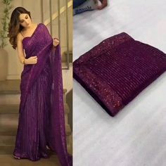 Bollywood Style Pre-draped Georgette Saree For Diwali, Purple Pre-draped Saree With Zari Work For Celebration, Eid Celebration Pre-draped Saree, Bollywood Style Pre-draped Saree For Festivals, Purple Pre-draped Saree For Wedding And Eid, Bollywood Style Purple Pre-draped Saree For Wedding, Purple Pre-draped Saree With Cutdana For Party, Traditional Pre-draped Saree For Festive Party, Unstitched Purple Pre-draped Saree With Dori Work