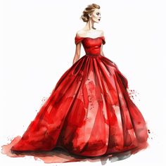 a watercolor painting of a woman in a red dress