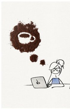 a cartoon drawing of a woman sitting in front of a laptop computer with coffee spilled over her head