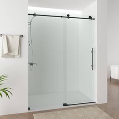 a white bathroom with a glass shower door and towel hanging on the wall next to a potted plant