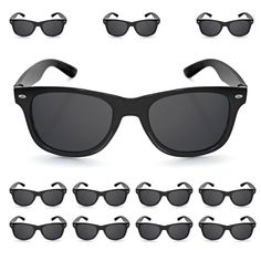 24 BLACK SUNGLASSES IN BULK PACK EACH ONE INDIVIDUALLY POLY BAGGED Plastic frame Plastic lens Non-Polarized UV Protection Coating coating Wedding Sunglasses GREAT QUALITY FOR THE PRICE-STURDY- Buy with 100% confidence as we use only the best quality lenses and frames. These sunglasses easily fit adults and kids and you can use them everyday. You will be pleasantly surprised at how nice these are for the price. IF YOU DON'T LIKE THEM SEND THEM BACK FOR A FULL REFUND-NO QUESTIONS ASKED. RISK FREE PURCHASE! PERFECT-EXACTLY WHAT YOUR LOOKING FOR-BULK PACK-You get 24 Black Sunglasses In Each Order-Great for party favors, graduation, kids parties, wedding party, bachelorette-bachelor parties and more. SIZE OF SUNGLASSES-Each Pair Measures 5.5 Inches Wide and can fit Children and Adults-One Size Bulk Party Favors, Wedding Sunglasses, Bachelorette Bachelor Party, Bachelorette Favors, Plastic Sunglasses, Poly Bags, Retro Sunglasses, Black Sunglasses, Bachelor Party