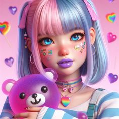 a girl with blue hair holding a teddy bear in front of hearts and rainbows