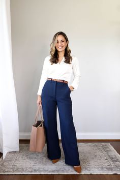 Business Casual Outfits Navy Pants, Navy Blue And Tan Outfit, Blue Office Outfits Women, Blue Pants Work Outfit, Slacks Outfit Formal, Lawyer Outfits Women, Slacks Outfit, Corporate Girl, Pants Outfit Work