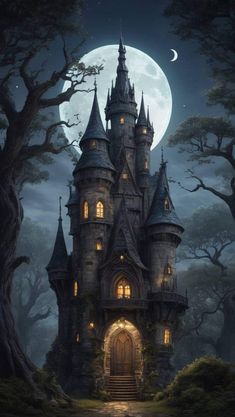 an image of a castle in the woods at night