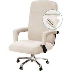 a white office chair with wheels and arm rests on the back of an office chair