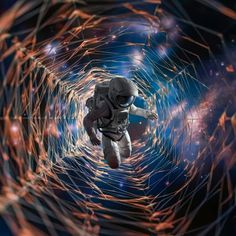 an astronaut is floating in space surrounded by lines and dots that appear to be moving