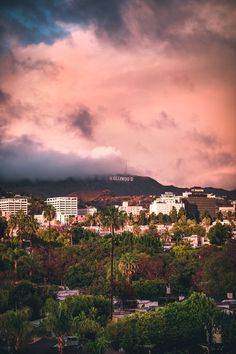 the city is surrounded by palm trees under a colorful sky with clouds and mountains in the background