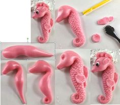 there are several pictures of seahorses made out of fondant, including pink icing