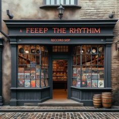 a storefront with many items on display in the front window and brick sidewalk outside